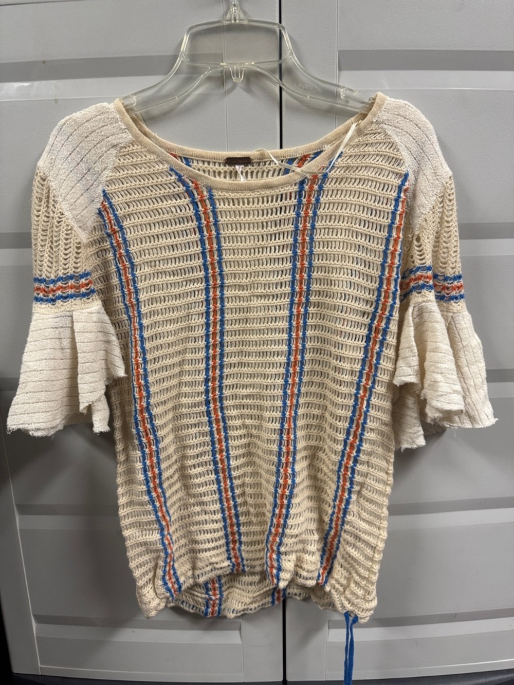 Free People Cream Crochet Top with Blue & Orange Stripes